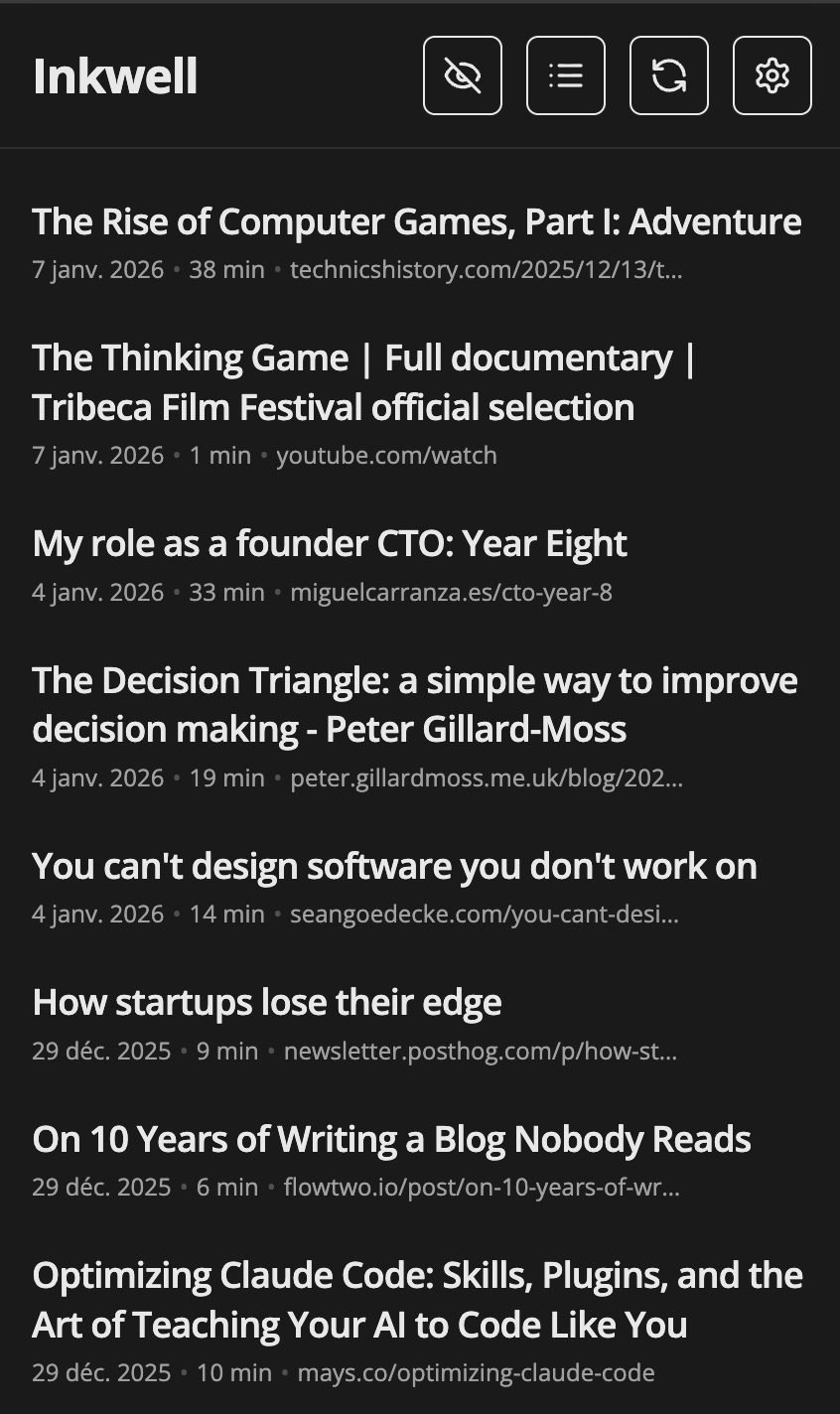 Inkwell homepage, listing articles to read