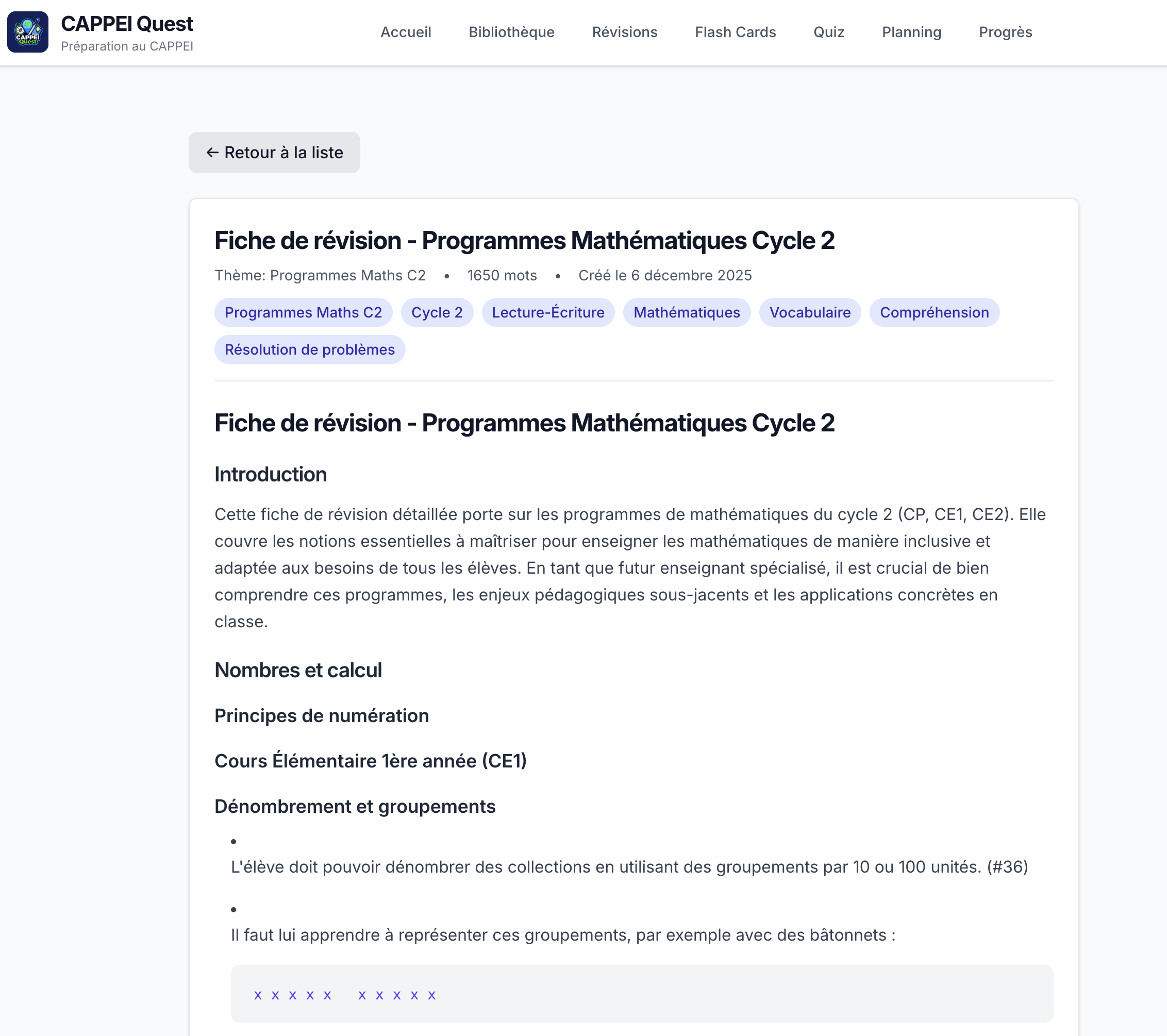 CAPPEI Quest revision sheet viewer displaying a structured summary of inclusive education concepts with key points and definitions