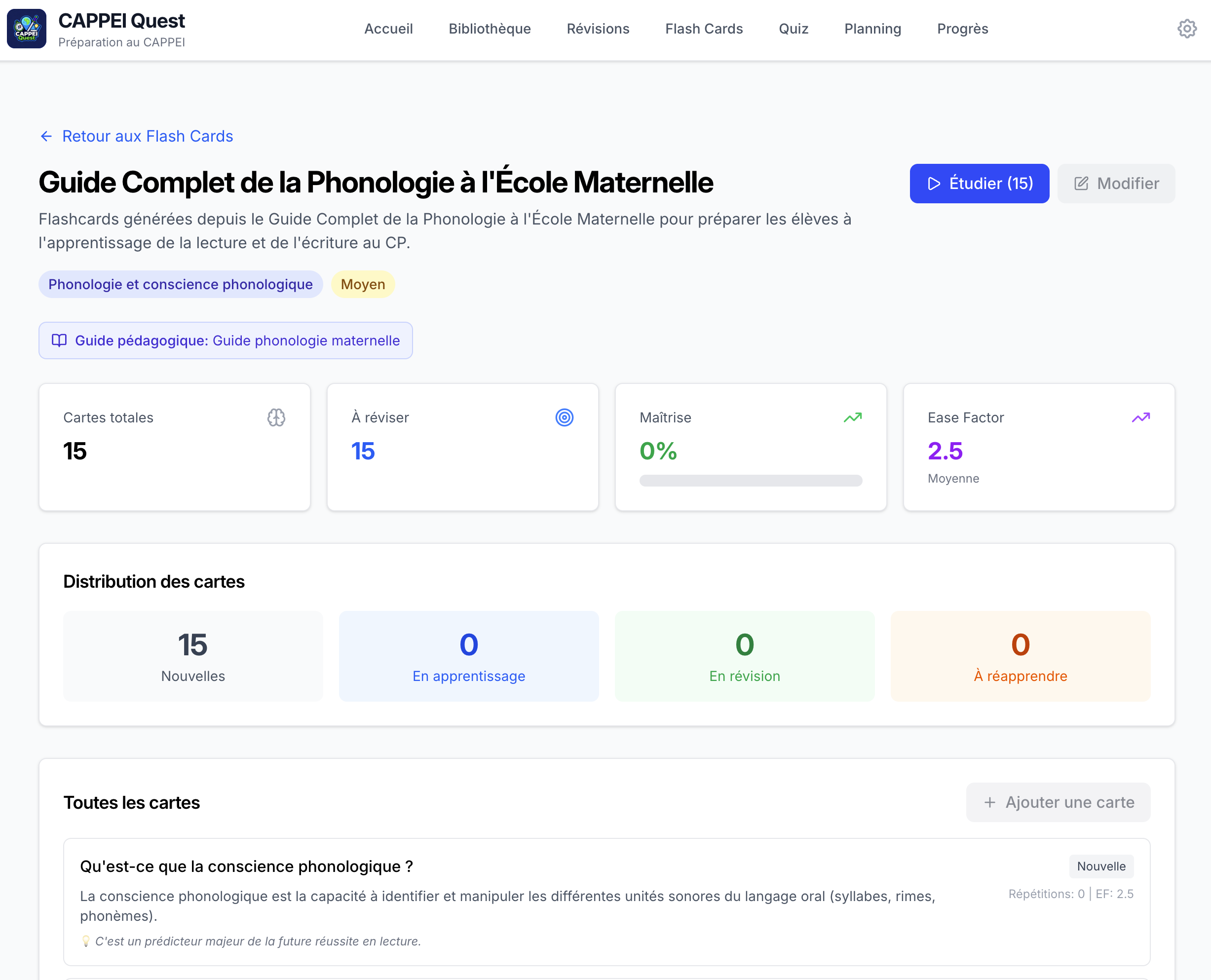 CAPPEI Quest flashcard deck selection screen showing available study topics and card counts